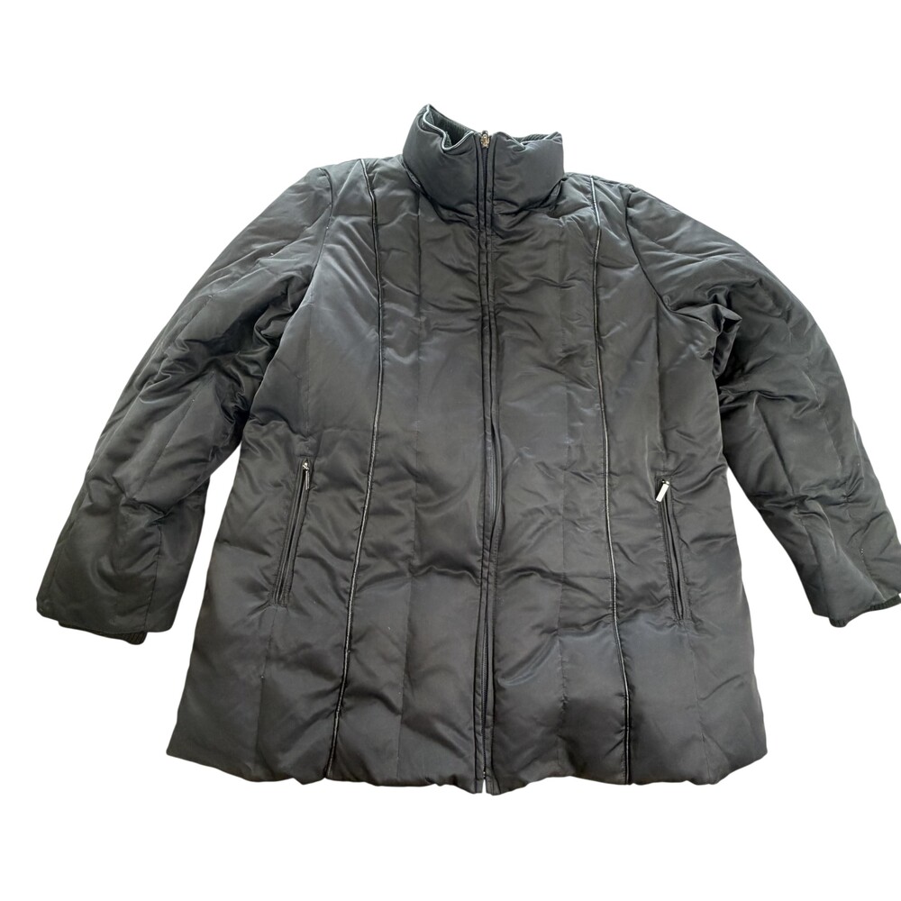 Liz Claiborne Coat Womens 1X Black Down Puffer Full Zip Pockets Mid Length Warm